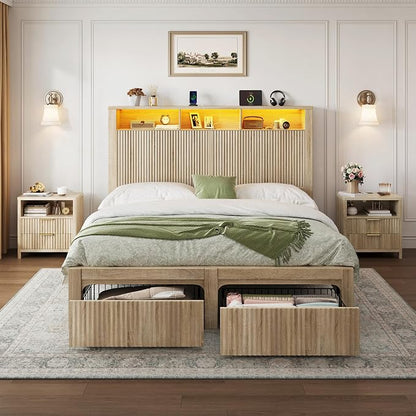 CypBed Full Size Bed Frame with Headboard and Storage Drawer, Full Bed Frame with LED Light and Charging Port, Farmhouse Wavy Wood Design, Wood & Metal Platform, Noise-Free, No Box Spring Needed