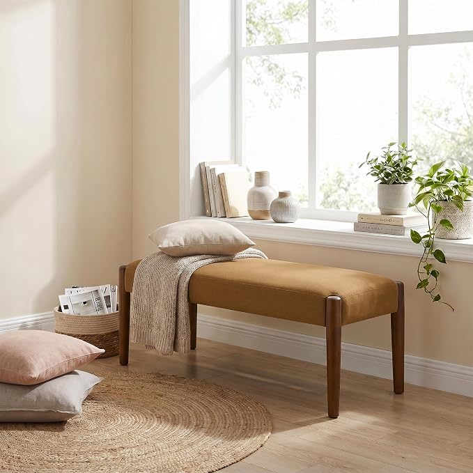 Usaint 42" End of Bed Bench, Modern Upholstered Bedroom Bench with Rubberwood Legs, Entryway Bench with Cushion, Dining Bench for Living Room, Bedroom, Caramel Orange with Walnut Leg