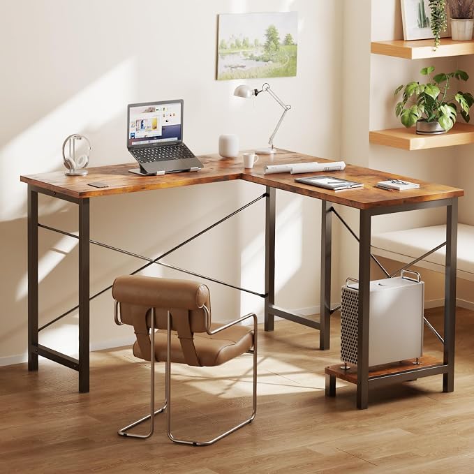 DUMOS L Shaped Desk, Computer Gaming Desks Corner Office Table with CPU Shelf for Home Study Writing Work Station 50 Inch, Sturdy Modern Design, Study, and Home Office Use, Rustic Brown