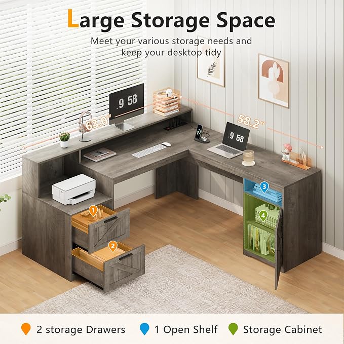 YOMILUVE 63" Farmhouse L Shaped Executive Desk with Drawers & Storage Shelf, Corner Computer Desk with Power Outlets, L Shaped Office Desk with Monitor Stand, Printer Shelf, Gray