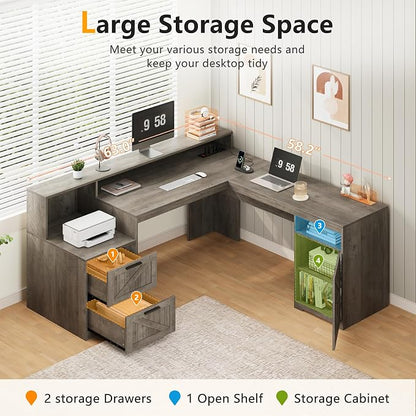 YOMILUVE 63" Farmhouse L Shaped Executive Desk with Drawers & Storage Shelf, Corner Computer Desk with Power Outlets, L Shaped Office Desk with Monitor Stand, Printer Shelf, Gray