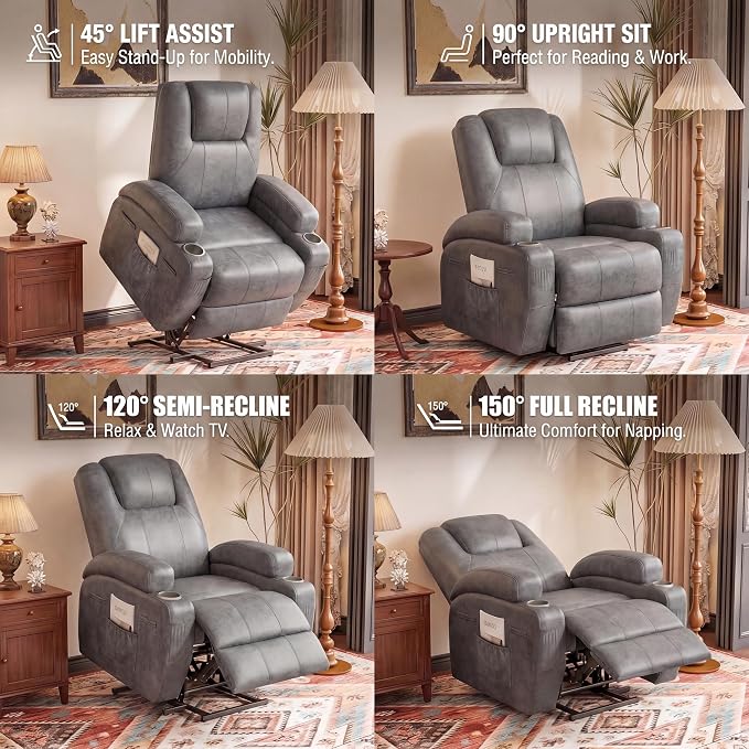 Flamaker Power Lift Recliner Chair Electric Lift Recliner for Elderly Power Lift Recliner Chair with Cup Holders Side Pockets for Living Room (Leathaire, Light Gray)