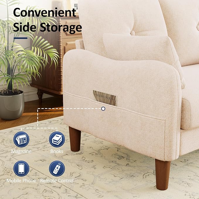 Vipbear 48" Loveseat Sofa,Modern Small Couches for Small Spaces,Beige Chenille Love Seat Couch for Living Room,Bedroom,Apartment,Office,Deep Seat,Throw Pillow,Side Pockets,Curved Armrest