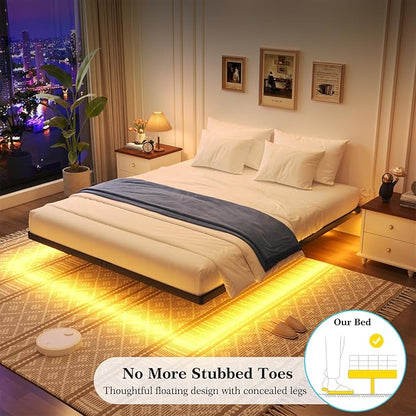Awesofurni Floating Bed Frame King Size, King Bed Frame with Smart LED Lights, Heavy Duty Modern Metal Platform Bed No Box Spring Needed - Easy Assembly and Noise Free