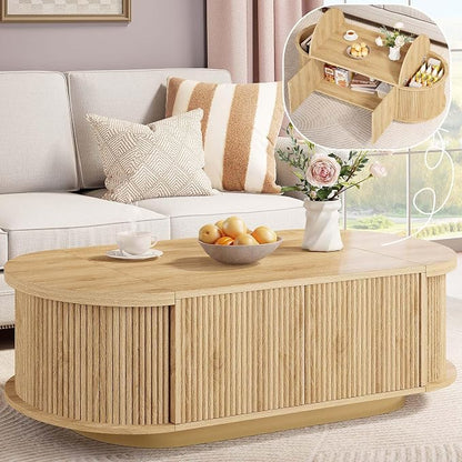 HSH 47" Oval Coffee Table with Storage, Oak Coffee Table for Living Room | Modern Center Table with Press Type Door, Fluted Living Room Tables with 2 Flip-Top Hidden Lids, Wood Table