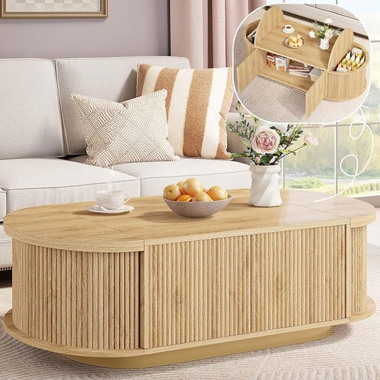 HSH 47" Oval Coffee Table with Storage, Oak Coffee Table for Living Room | Modern Center Table with Press Type Door, Fluted Living Room Tables with 2 Flip-Top Hidden Lids, Wood Table