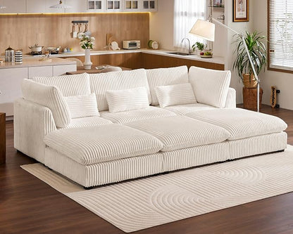 115" Oversized Corduroy Couch Modular Sectional Sofa, Washable Cloud Couch Sectional with 3 Ottoman, 6 Seater Sectional Couches for Living Room, Fully Cover Removable, Sleeper Sofa, Corduroy, White