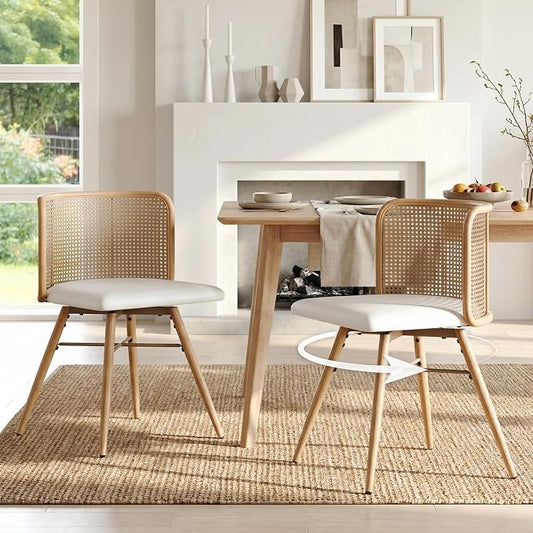 TYBOATLE Swivel Rattan Dining Chairs Set of 2 (Cream White) | Farmhouse, Boho, Rattan Woven Back, Faux Leather Seat, Metal Legs, Upholstered, Kitchen, Dining Room