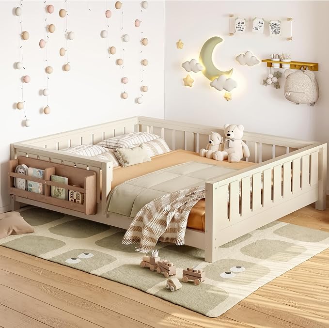 Bellemave Full Floor Bed with Slats and Rails, Full Size Montessori Floor Bed with Bookcase and Fence, Easy Assemble Montessori Beds for Girls, Boys, Beige Floor Beds