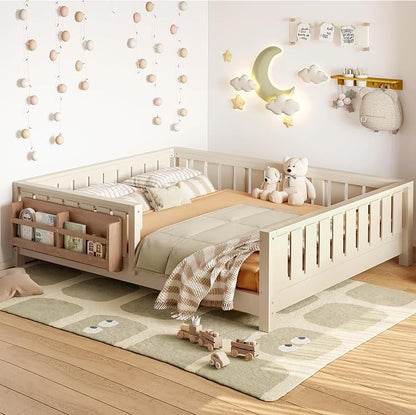 Bellemave Full Floor Bed with Slats and Rails, Full Size Montessori Floor Bed with Bookcase and Fence, Easy Assemble Montessori Beds for Girls, Boys, Beige Floor Beds