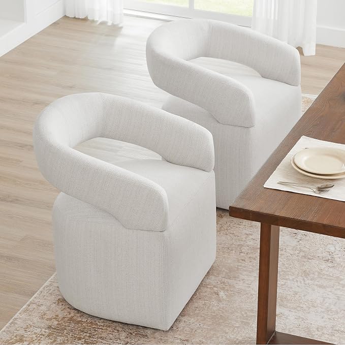 KISLOT Upholstered Dining Chairs Set of 2, Modern Rolling Dining Chairs with Hidden Casters, Arm Kitchen Chairs with Linen Look Fabric, Padded Barrel Chairs for Dining Room, Kitchen, Light Linen