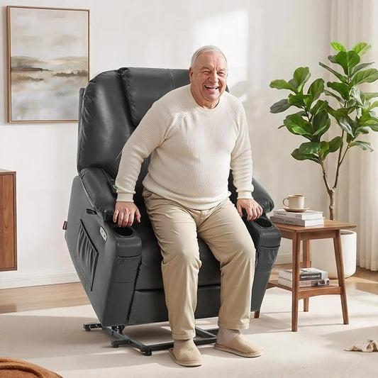 MCombo Oversized Power Lift Recliner Chair for Elderly, Lift Chair with Heat and Massage for Big and Tall, USB&Type C Ports, Cup Holders, Faux Leather R7510 (Grey, Large-Wide)