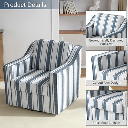 Swivel Accent Chair, 360° Swivel Upholstered Club Armchairs for Living Room, Comfy Fabric Single Sofa Reading Chair with Deep Seat, Metal Swivel Base, Navy Stripe
