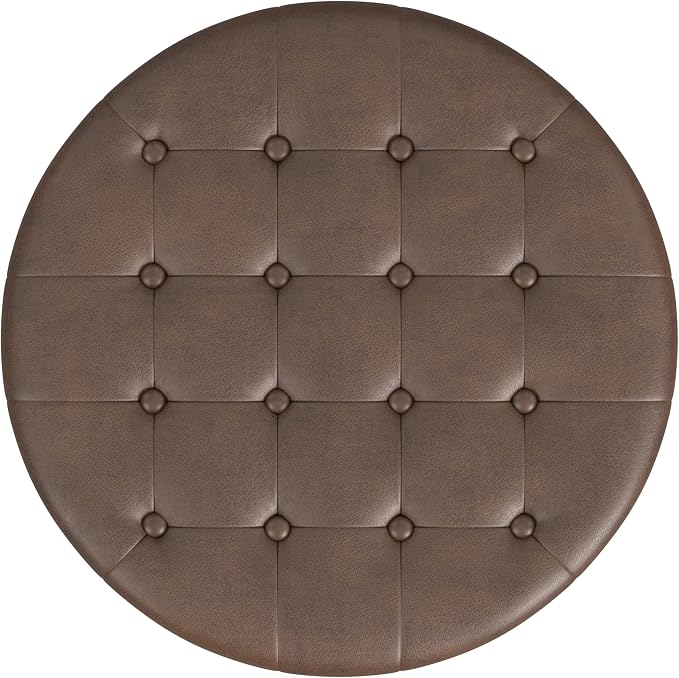 HomePop 28" Button Round Storage Ottoman - Brown Faux Leather