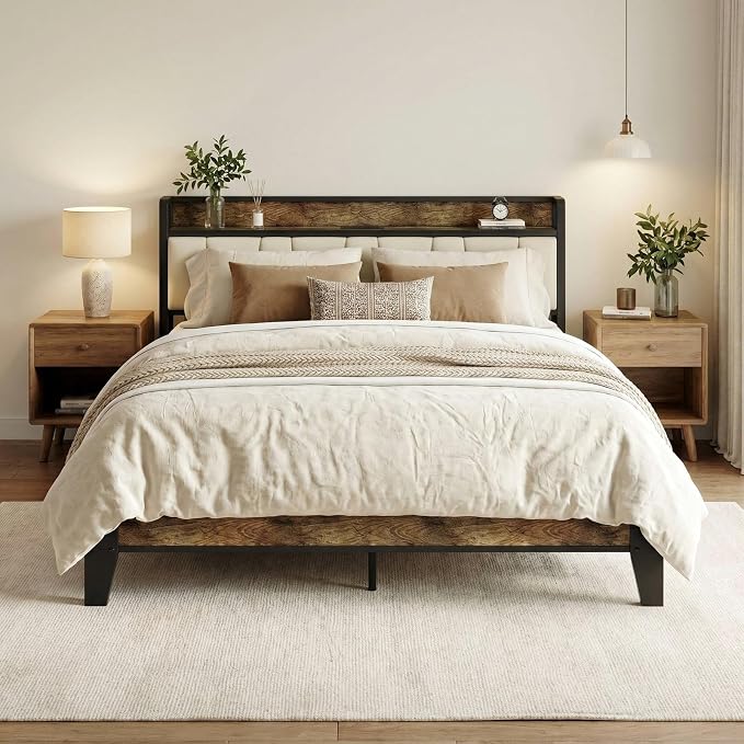 LIKIMIO Queen Bed Frame, Storage Headboard with Charging Station, Solid and Stable, Noise Free, No Box Spring Needed, Easy Assembly (Walnut and Beige)