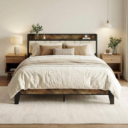LIKIMIO Queen Bed Frame, Storage Headboard with Charging Station, Solid and Stable, Noise Free, No Box Spring Needed, Easy Assembly (Walnut and Beige)