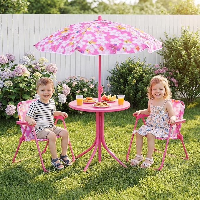 Costzon Kids Picnic Table, Kids Outdoor Table with 2 Folding Chairs, Height Adjustable Umbrella, Portable Children Outdoor Furniture for Patio, Garden, Backyard (Pink Flowers)