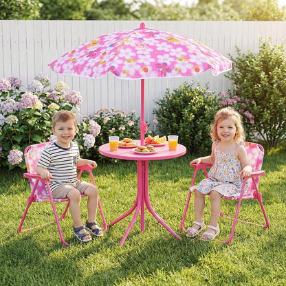 Costzon Kids Picnic Table, Kids Outdoor Table with 2 Folding Chairs, Height Adjustable Umbrella, Portable Children Outdoor Furniture for Patio, Garden, Backyard (Pink Flowers)