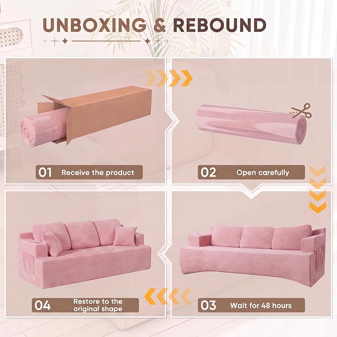 Homall 87” Boneless Sofa Couch with 2 Pillows Extra Deep Seats, Corduroy Fabric 3 Seater with Cup Holder & Storage Pocket Upholstered Floor Easy Installation (Pink, 3 Seater)