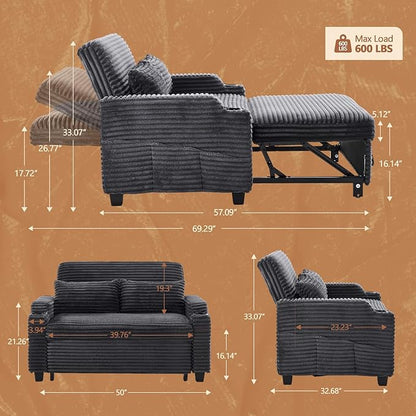 VINGLI Dark Gray Futon Sofa Bed Convertible Loveseat Sleeper Sofa Couch, Corduroy Pullout Sofa Fold Out Couch Bed with USB Ports, Cup Holders, Armrest for Living Room, Bedroom Apartment Room