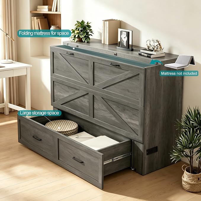 Murphy Bed Full Size Cabinet with Drawer Hidden Beds with Charging Station Farmhouse Wood Space-Saving Hidden Folding Chest Cabinet Bed for Bedroom, Office, School, Rustic Grey