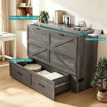 Murphy Bed Full Size Cabinet with Drawer Hidden Beds with Charging Station Farmhouse Wood Space-Saving Hidden Folding Chest Cabinet Bed for Bedroom, Office, School, Rustic Grey