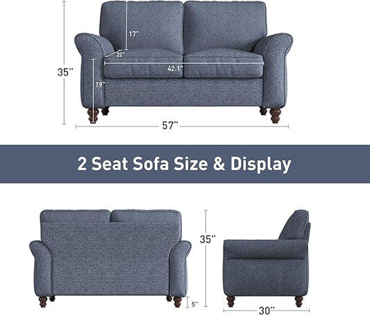 Bonzy Home 57" Loveseat Sofa, 2 Seater Comfy Love Seat Sofa for Living Room, Apartment, Office, Blue