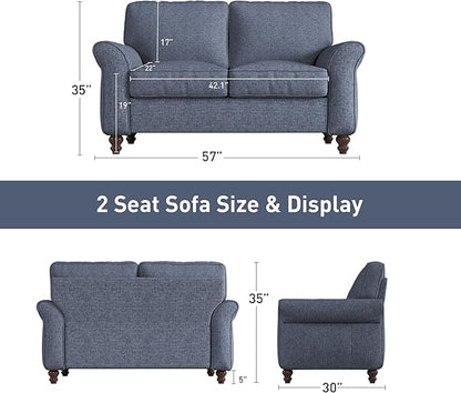 Bonzy Home 57" Loveseat Sofa, 2 Seater Comfy Love Seat Sofa for Living Room, Apartment, Office, Blue