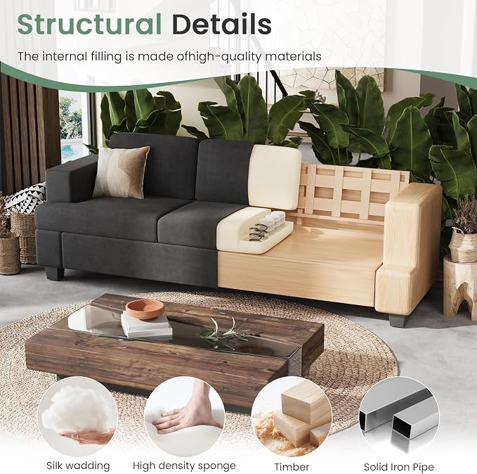 YOUDENOVA Sofa, 89" 3-Seater Deep Seat Sofa, Modern Comfy Couches for Living Room Apartment Lounge, Dark Grey Chenille