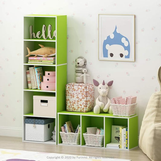 Furinno LUDER Book Shelf, 3-Cube Bookshelf, Bookcase with Open Shelves, 9.3 x 12 x 31.5, Easy Assembly, for Living Room, Bedroom, Home Office, White/Green