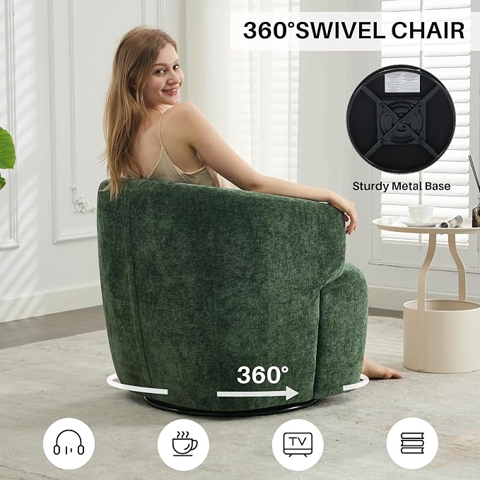 SOFTHION Swivel Accent Chair, Chenille Barrel Chair for Living Room, Cozy Round Boucle Arm Chair, Metal Base for Club Nursery Bedroom, Green