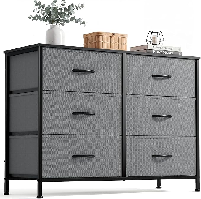DUMOS Bedroom Dresser for Closet, Fabric Dresser, Chest of 6 Drawers | Storage Organizer, Small Space TV Stand for Living Room, Anti-tip and Wooden Top, Home Furniture, Grey