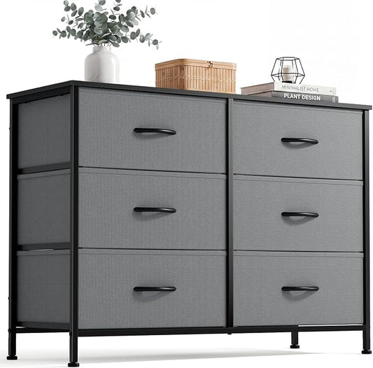 DUMOS Bedroom Dresser for Closet, Fabric Dresser, Chest of 6 Drawers | Storage Organizer, Small Space TV Stand for Living Room, Anti-tip and Wooden Top, Home Furniture, Grey