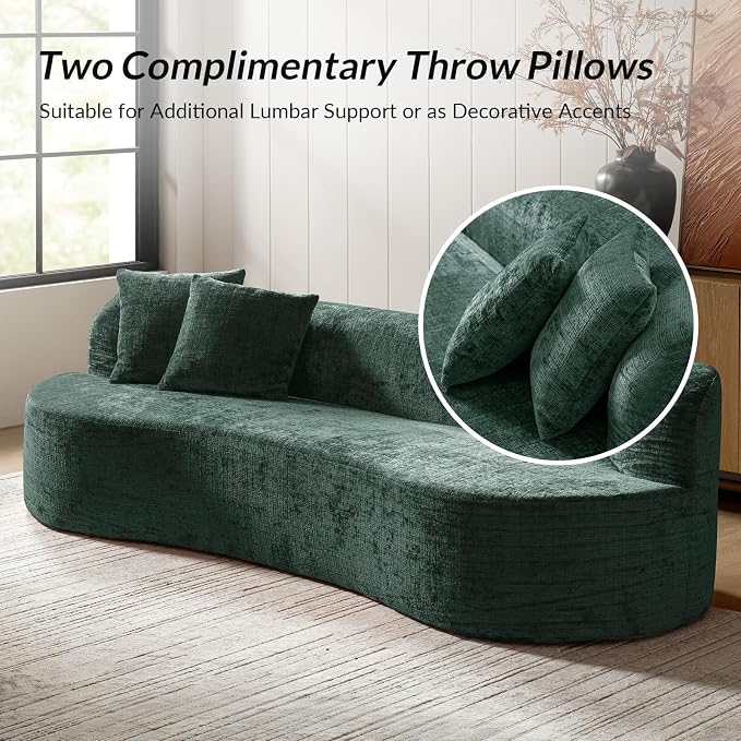 95" Modern Curved Compressed Sofa, All-Foam 3-Seater Cloud Couch with 2 Pillows, No Assembly Required Boneless Sofas for Living Room, Olive