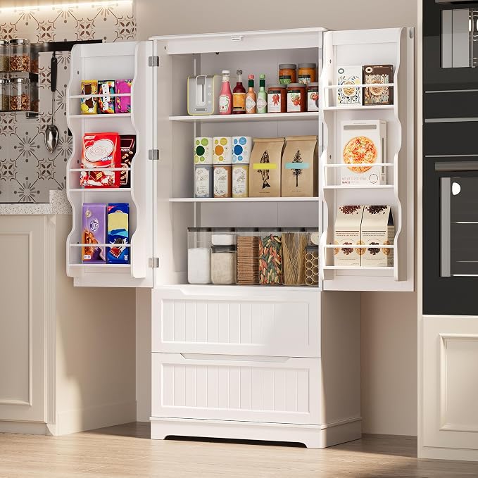 Gizoon 63" Tall Kitchen Pantry Cabinet with Drawers for Dining Room, Food Pantry Storage Cabinet with 6 Doors Shelves for Snack and Spice, Large Craft Storage Cabinet for Craft Room, White, Painted
