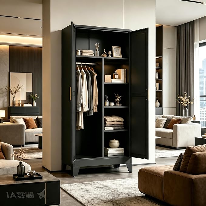 71" H Black Closet,Armoire Wardrobe Closets,Metal Wardrobe Closet with Doors and Shelves