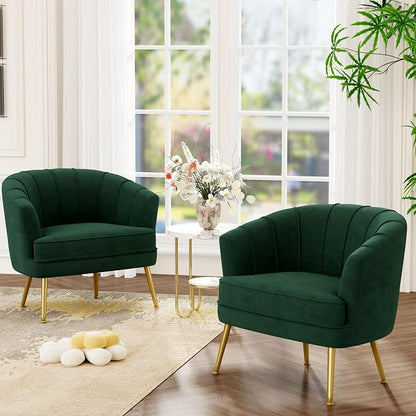 Andeworld Velvet Accent Chair Set of 2, Upholstered Modern Single Sofa Side Chair,Comfy Barrel Club Living Room Armchair with Golden Metal Legs for Bedroom Living Reading Room Office, Green