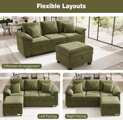 Ihanherry 86" Modular Sectional Sofa with Pull Out Bed, 4-Seater L Shaped Sectional Sleeper Couch with Storage Ottoman, Chenille Convertible Couches for Living Room, Apartment (Green)