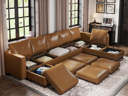 EASE MOOSE U Shaped Modular Sectional Sofa with Storage, Faux Leather Sectional Couch for Living Room,Brown