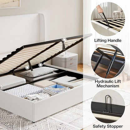 Jocisland Queen Size Bed Frame Lift Up Storage Bed Linen Upholstered Bed Frame with Hydraulic Storage/Wingback Headboard/No Box Spring Needed/White