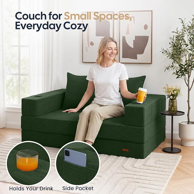 COMAX Futon Sofa Bed, Convertible Sofa Bed, Folding Boneless Couches | Boneless Couch for living room, 4‑in‑1 Fold Out Small Foldable Loveseat Floor Sleeper Mattress Lounge Space‑Saving, Green