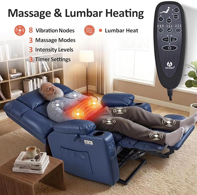 MCombo Small Dual Motor Power Lift Recliner Chair for Elderly, Zero Gravity Lift Chair with Heat and Massage, Lay Flat Recliner for Petite, USB Ports, Faux Leather R7894 (Small-Wide, Blue)