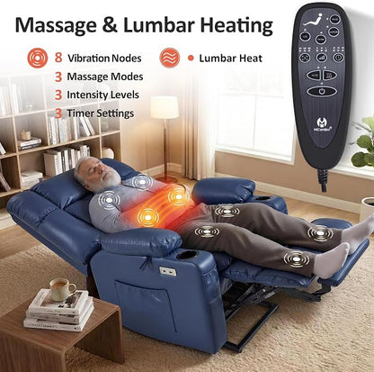 MCombo Small Dual Motor Power Lift Recliner Chair for Elderly, Zero Gravity Lift Chair with Heat and Massage, Lay Flat Recliner for Petite, USB Ports, Faux Leather R7894 (Small-Wide, Blue)