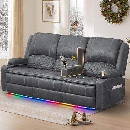 Recliner Sofa 3 Seater Sofa with Recliner, Home Theater Seating with Liftable Console & Removable Armrest, Manual Velvet Fabric Reclining Couch with Cup Holders & USB Ports for Living Room/RV (Grey)
