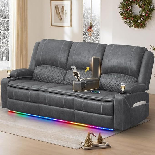Recliner Sofa 3 Seater Sofa with Recliner, Home Theater Seating with Liftable Console & Removable Armrest, Manual Velvet Fabric Reclining Couch with Cup Holders & USB Ports for Living Room/RV (Grey)