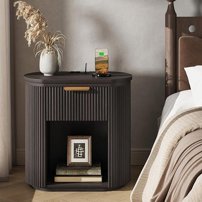 Fluted Nightstand with Charging Station, 23.6" Large Bedside Side Table with Drawer, Wood End Table with Storage, Curved Round Corner, Furniture Bedroom Sofa, Mid Century Modern, Vintage, Black