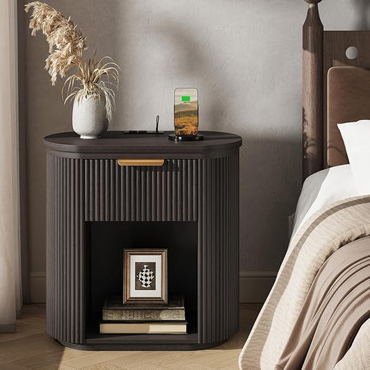 Fluted Nightstand with Charging Station, 23.6" Large Bedside Side Table with Drawer, Wood End Table with Storage, Curved Round Corner, Furniture Bedroom Sofa, Mid Century Modern, Vintage, Black