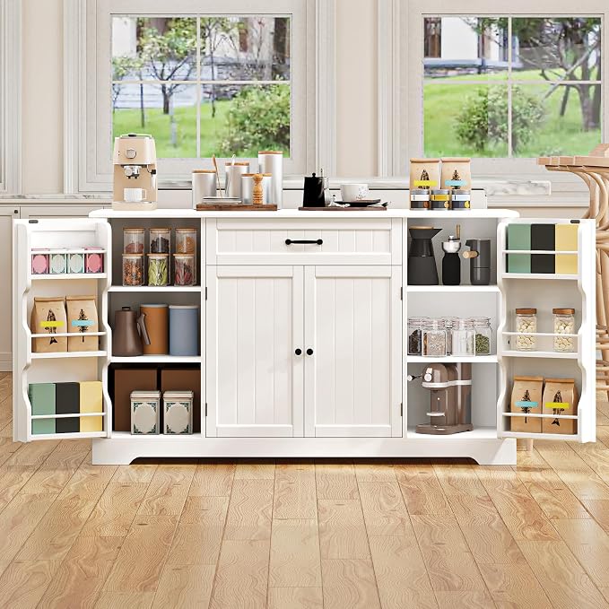 Gizoon 56" Kitchen Coffee Bar Cabinet with Storage Kitchen Sideboard Buffet Cabinet with Drawers, Short Pantry with Door and Shelves for Bathroom and Living Room, White