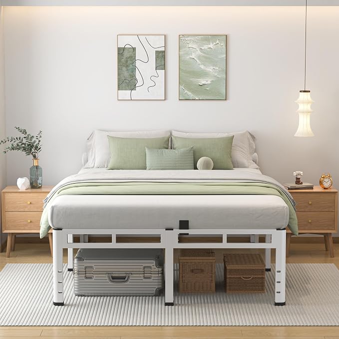 NKZ 20 Inch Full Size Bed Frame, Metal Bed Frame & Box Spring 2 in 1 Platform with Round Corner Legs, 4000lbs Weight Capacity Reinforced Metal Frame, Headboard Hole, Noise-Free, Easy Assembly.