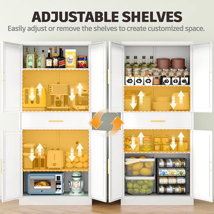 71” Tall Kitchen Pantry Cabinet, Metal Storage Cabinet with 2 Doors and 4 Adjustable Shelves for Kitchen, Living Room, Laundry Room (White, 71" H-1 Drawer)